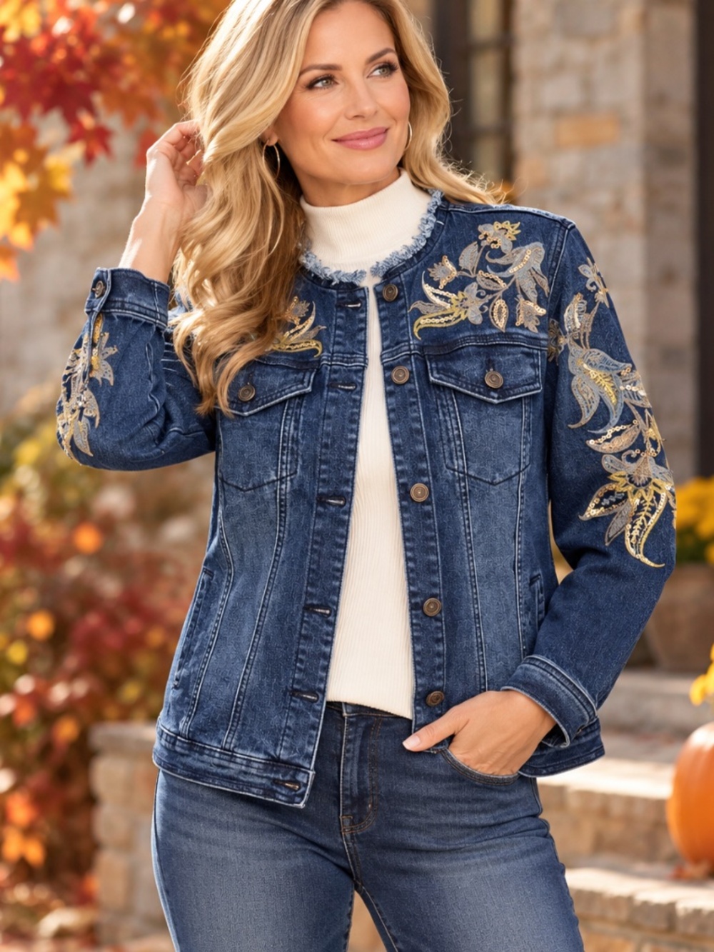 DG2 Diane Gilman Embroidered Sequin Stretch Denim Jacket XL NWT